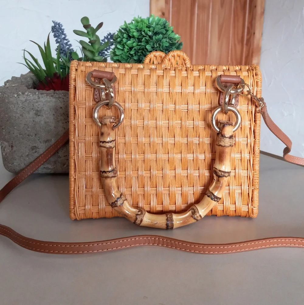 Serpui Paola Wicker Bag with Bamboo handles & strap. MSRP $398
